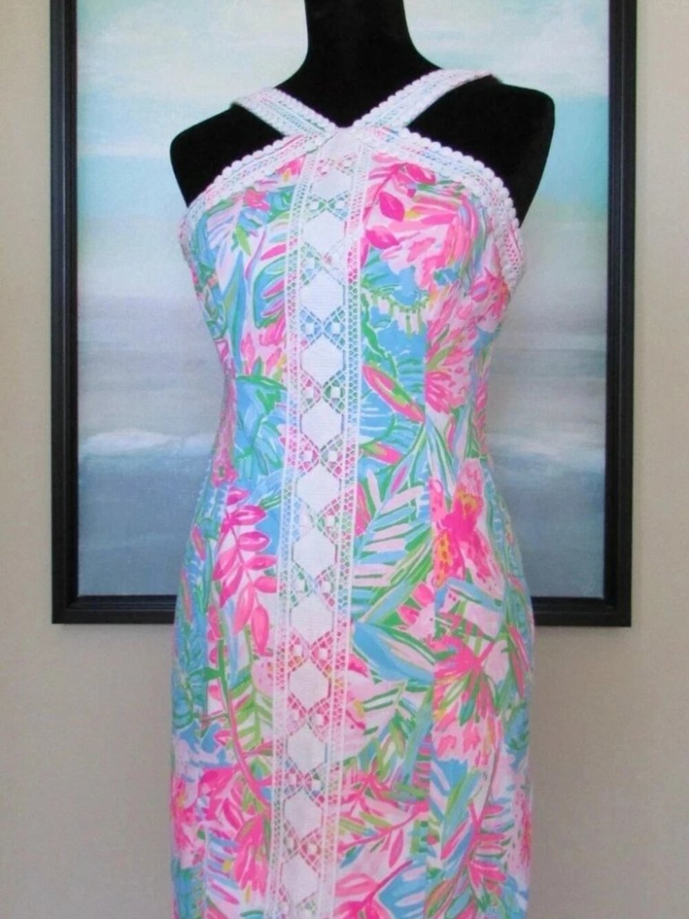 Lilly Pulitzer Vena Stretch Shift Dress Size 0 Tropical Floral Lace Accent 0098